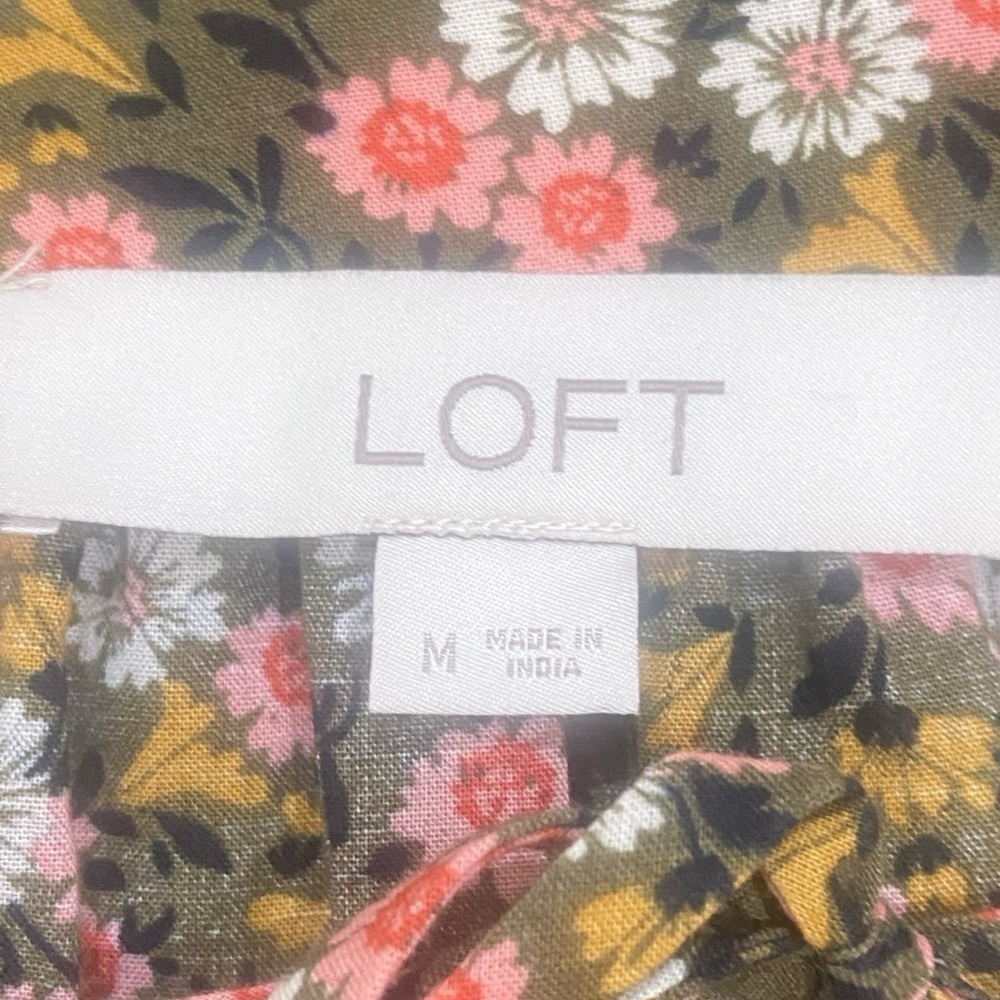 Loft olive peach floral peasant cotton blouse split neck puff sleeves medium - Picture 10 of 11